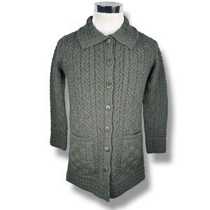 Aran Crafts Cardigan Irish Sweater Women's Small Green Merino Wool Button New